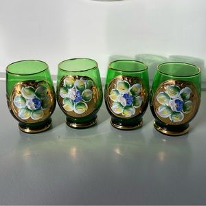 Vintage Bohemian Czech Smoky Shot Glasses Set Of 4 Hand Painted Flowers 3D Green